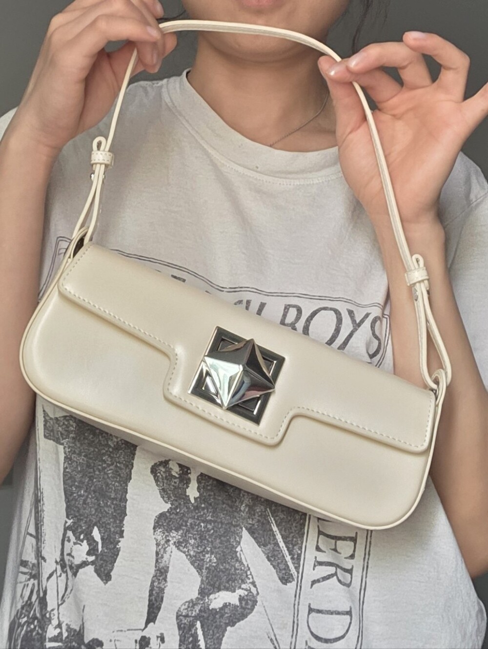 Cream Shoulder Bag with Metal Accent